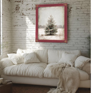 Bella Frye Lone Christmas Tree in Snow – Vintage Winter Wall Art with Red Ornaments – Stretched Canvas or Ornate Frame, Farmhouse Christmas Décor