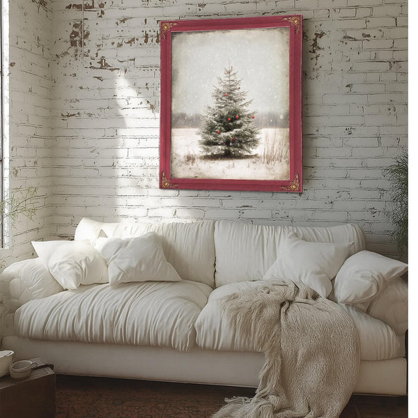 Bella Frye Lone Christmas Tree in Snow – Vintage Winter Wall Art with Red Ornaments – Stretched Canvas or Ornate Frame, Farmhouse Christmas Décor