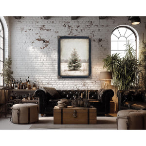 Bella Frye Lone Christmas Tree in Snow – Vintage Winter Wall Art with Red Ornaments – Stretched Canvas or Ornate Frame, Farmhouse Christmas Décor