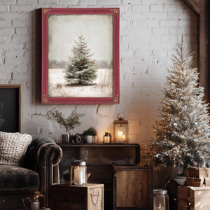 Bella Frye Lone Christmas Tree in Snow – Vintage Winter Wall Art with Red Ornaments – Stretched Canvas or Ornate Frame, Farmhouse Christmas Décor