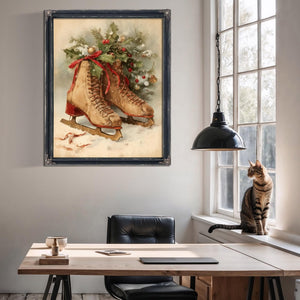 Bella Frye Vintage Ice Skates with Holly – Classic Christmas Wall Art – Stretched Canvas or Ornate Frame, Cozy Winter Holiday Décor