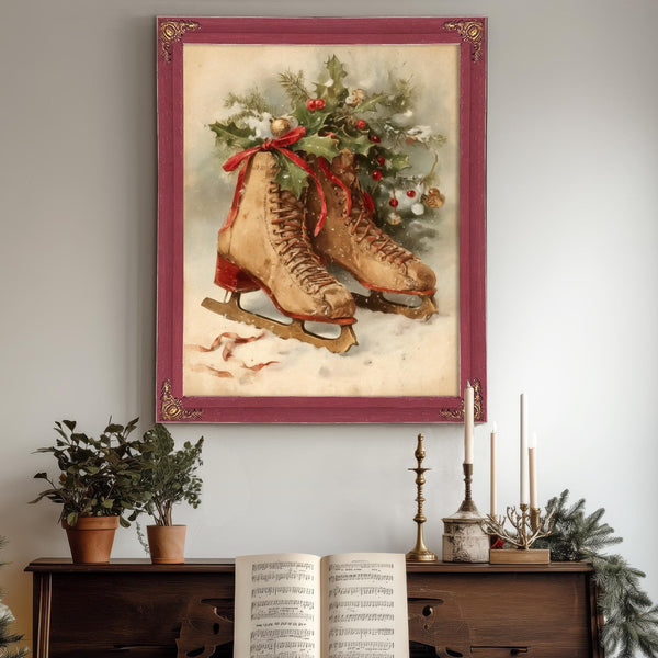 Bella Frye Vintage Ice Skates with Holly – Classic Christmas Wall Art – Stretched Canvas or Ornate Frame, Cozy Winter Holiday Décor