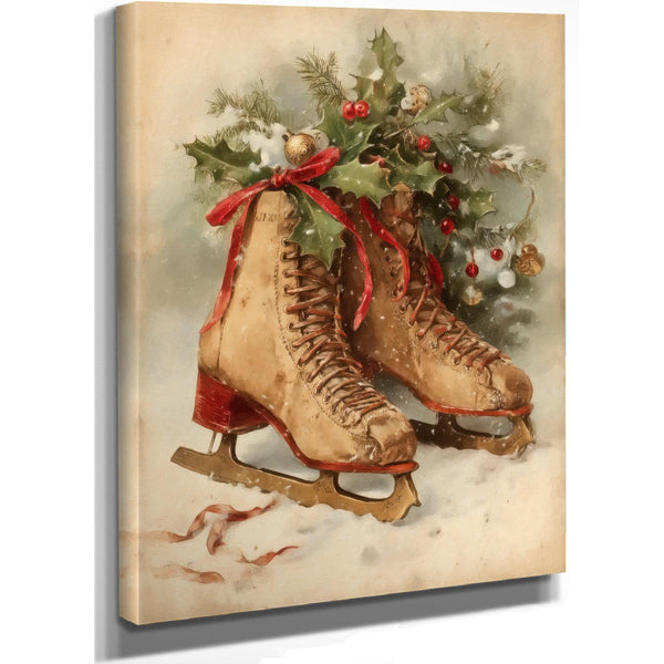 Bella Frye Vintage Ice Skates with Holly – Classic Christmas Wall Art – Stretched Canvas or Ornate Frame, Cozy Winter Holiday Décor