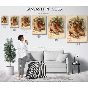 Bella Frye Vintage Ice Skates with Holly – Classic Christmas Wall Art – Stretched Canvas or Ornate Frame, Cozy Winter Holiday Décor