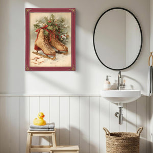 Bella Frye Vintage Ice Skates with Holly – Classic Christmas Wall Art – Stretched Canvas or Ornate Frame, Cozy Winter Holiday Décor