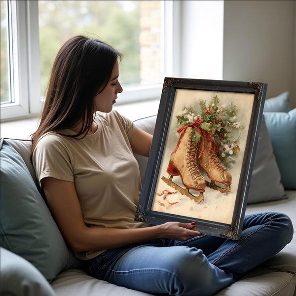 Bella Frye Vintage Ice Skates with Holly – Classic Christmas Wall Art – Stretched Canvas or Ornate Frame, Cozy Winter Holiday Décor