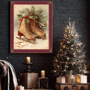 Bella Frye Vintage Ice Skates with Holly – Classic Christmas Wall Art – Stretched Canvas or Ornate Frame, Cozy Winter Holiday Décor