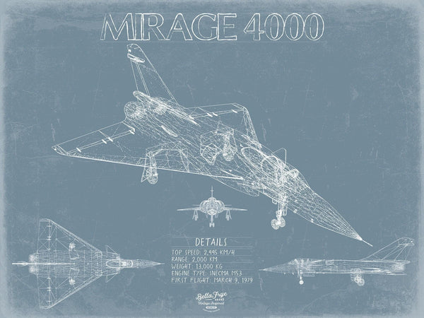 Bella Frye Home & Garden > Decor > Artwork Dassault Mirage 4000 Aircraft Blueprint Wall Art - Original Fighter Plane Print