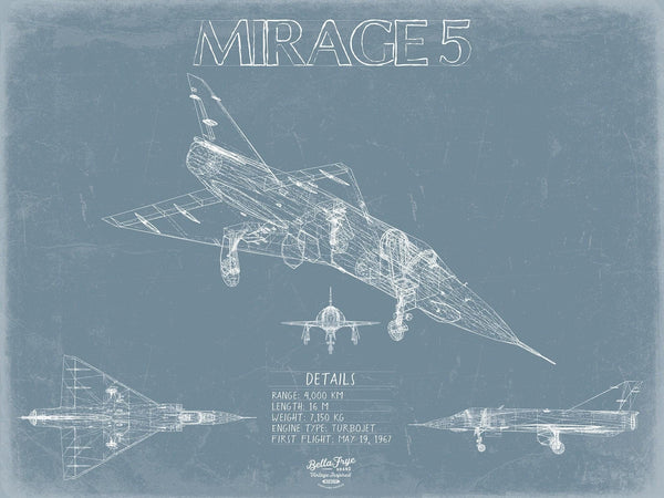 Bella Frye Home & Garden > Decor > Artwork Dassault Mirage 5 Aircraft Blueprint Wall Art - Original Fighter Plane Print