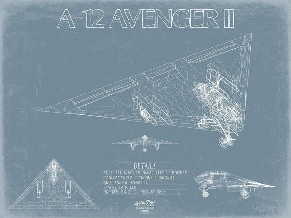 Bella Frye Home & Garden > Decor > Artwork McDonnell Douglas A-12 AVENGER II Aircraft Blueprint Wall Art - Original Fighter Plane Print