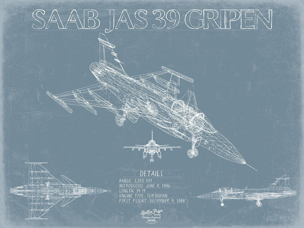 Bella Frye Home & Garden > Decor > Artwork Saab JAS 39 Gripen Aircraft Blueprint Wall Art - Original Fighter Plane Print