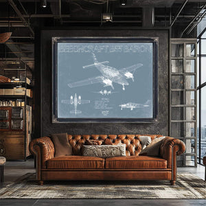 Bella Frye Home & Garden > Decor > Artwork Beechcraft B55 Baron V03 Aircraft Blueprint Wall Art - Original Military Plane Print
