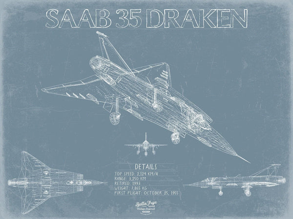 Bella Frye Home & Garden > Decor > Artwork Saab 35 Draken Aircraft Blueprint Wall Art - Original Fighter Plane Print