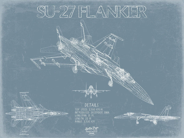 Bella Frye Home & Garden > Decor > Artwork Sukhoi Su-27 Flanker Aircraft Blueprint Wall Art - Original Fighter Plane Print