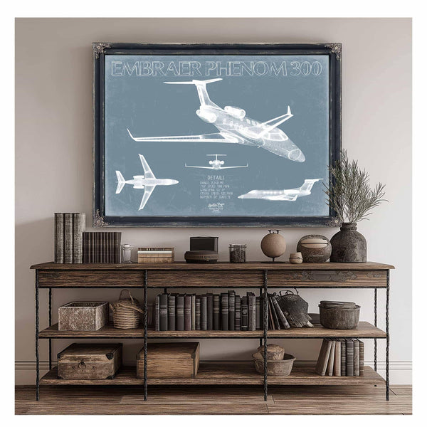 Bella Frye Home & Garden > Decor > Artwork Embraer Phenom 300 Aircraft Blueprint Wall Art - Original Airplane Print