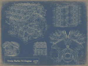 Bella Frye Vintage Twin Turbo V6 Engine Print,  Original Blueprint Canvas