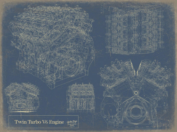 Bella Frye Vintage Twin Turbo V6 Engine Print,  Original Blueprint Canvas