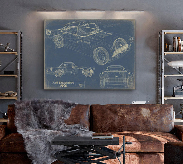 Bella Frye Vintage 1956 Ford Thunderbird Car Model, Original Mancave Blueprint Art