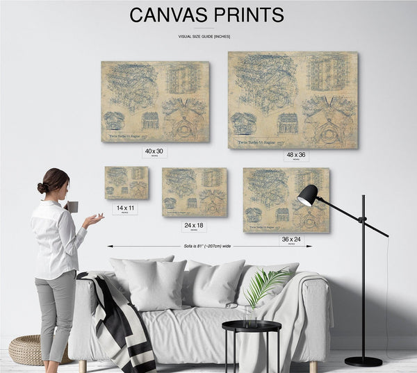 Bella Frye Vintage Twin Turbo V6 Engine Print,  Original Blueprint Canvas