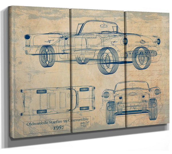 Bella Frye Vintage 1957 Convertible 98 Car Blueprint - Gifts for Husband  - Original Vehicle Wall Art