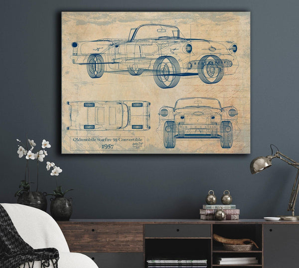 Bella Frye Vintage 1957 Convertible 98 Car Blueprint - Gifts for Husband  - Original Vehicle Wall Art