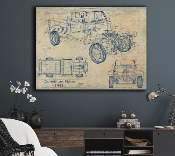 Bella Frye Vintage 1951 Chevrolet 3100 Pickup Model Mancave Blueprint Art