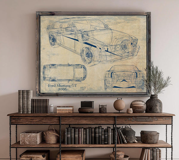 Bella Frye Vintage 2006 Mustang GT Car Model Print,  Original Blueprint Canvas, Framed, or Unframed Art