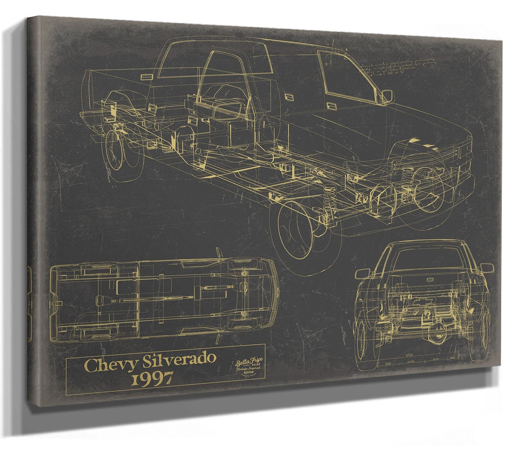 Bella Frye Vintage 1997 Chevrolet Silverado Car Model Print,  Original Blueprint Canvas, Framed, or Unframed Art