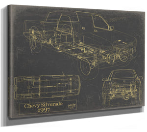 Bella Frye Vintage 1997 Chevrolet Silverado Car Model Print,  Original Blueprint Canvas, Framed, or Unframed Art