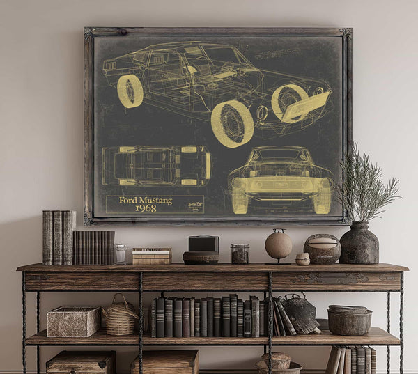 Bella Frye 1968 Mustang Car Model Print,  Original Blueprint Canvas