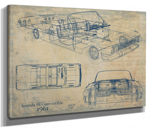 Bella Frye Vintage 1961 Chevrolet Impala SS Convertible Car Model Print,  Original Blueprint Canvas