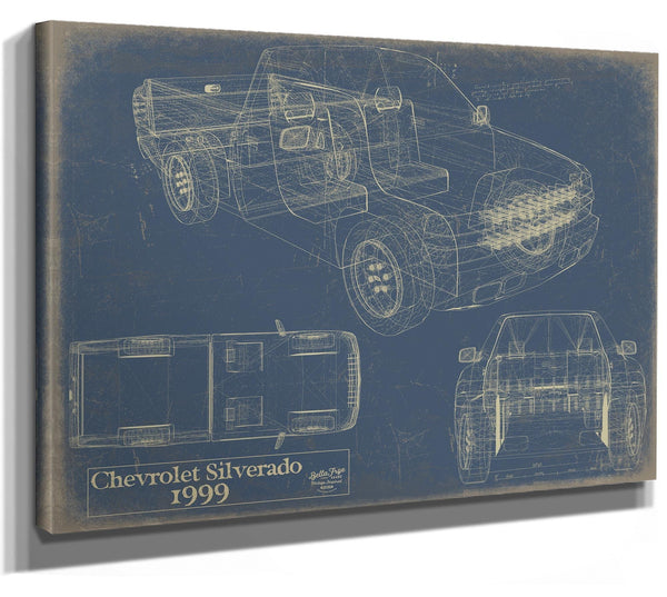 Bella Frye Vintage 1999 Chevrolet Silverado Car Model Print,  Original Blueprint Canvas, Framed, or Unframed Art