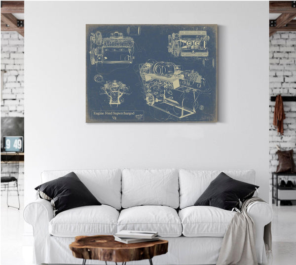 Bella Frye Vintage Engine Ford Supercharged V8 Print,  Original Blueprint Canvas