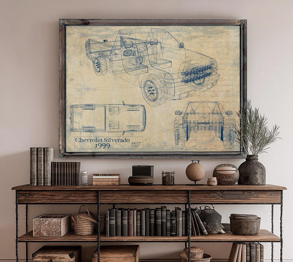 Bella Frye Vintage 1999 Chevrolet Silverado Car Model Print,  Original Blueprint Canvas, Framed, or Unframed Art