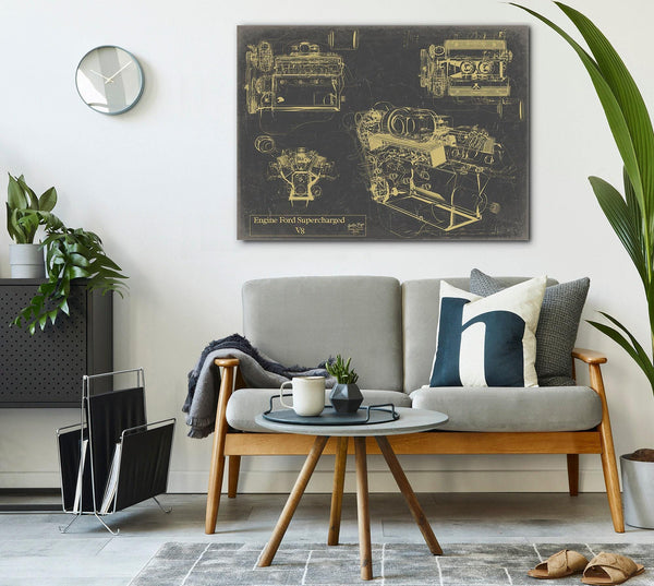 Bella Frye Vintage Engine Ford Supercharged V8 Print,  Original Blueprint Canvas