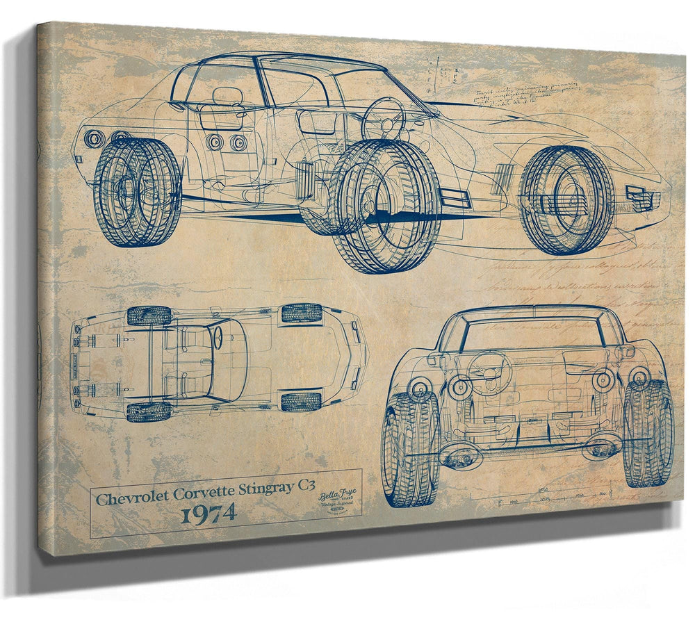Bella Frye 1974 Corvette Stingray C3 Blueprint Art: Vintage Car Model Print