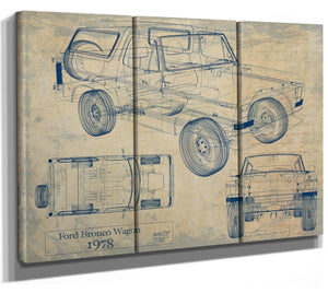 Bella Frye Vintage 1978 Ford Bronco Wagon Car Model Mancave Blueprint Art