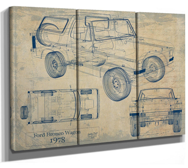Bella Frye Vintage 1978 Ford Bronco Wagon Car Model Mancave Blueprint Art