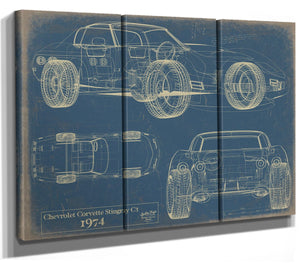 Bella Frye 1974 Corvette Stingray C3 Blueprint Art: Vintage Car Model Print