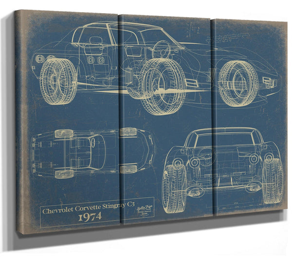 Bella Frye 1974 Corvette Stingray C3 Blueprint Art: Vintage Car Model Print