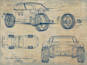 Bella Frye 1974 Corvette Stingray C3 Blueprint Art: Vintage Car Model Print