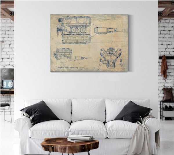 Bella Frye Vintage Engine Ford Mustang Print,  Original Blueprint Canvas
