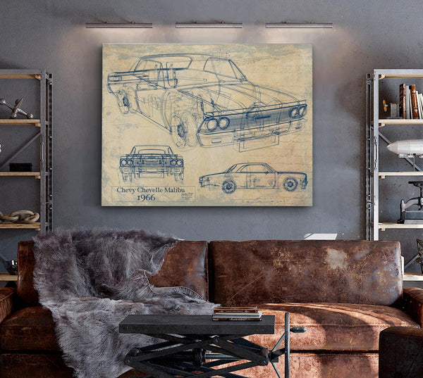 Bella Frye Vintage 1966 Chevrolet Chevelle Malibu Car Model Print,  Original Blueprint Canvas
