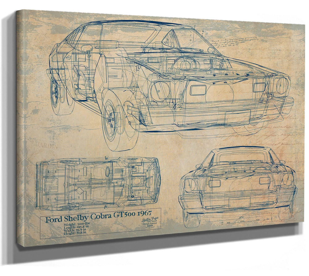 Bella Frye Vintage 1967 Ford Shelby Cobra GT500 Car Model Print,  Original Blueprint Canvas