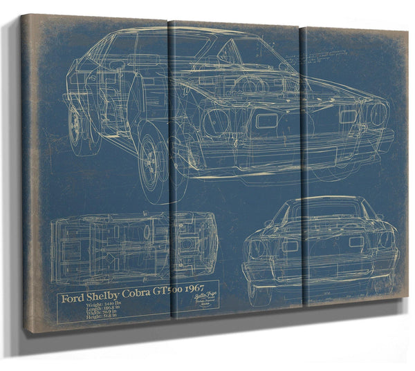Bella Frye Vintage 1967 Ford Shelby Cobra GT500 Car Model Print,  Original Blueprint Canvas