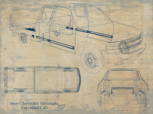Bella Frye 2000 Chevrolet Silverado Blueprint Art: Extended Cab Car Model Print