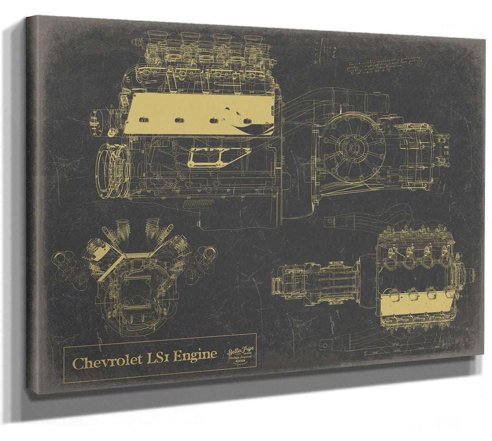 Bella Frye Vintage Chevrolet LS1 Engine Print,  Original Blueprint Canvas