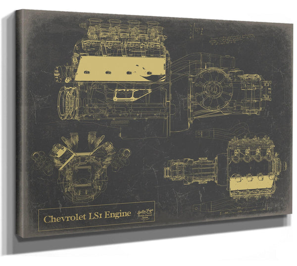 Bella Frye Vintage Chevrolet LS1 Engine Print,  Original Blueprint Canvas
