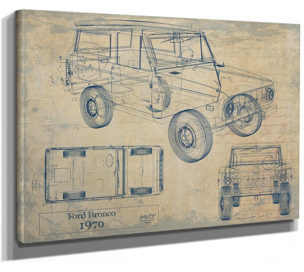 Bella Frye Vintage 1970 Ford Bronco Car Model Print,  Original Blueprint Canvas, Framed, or Unframed Art