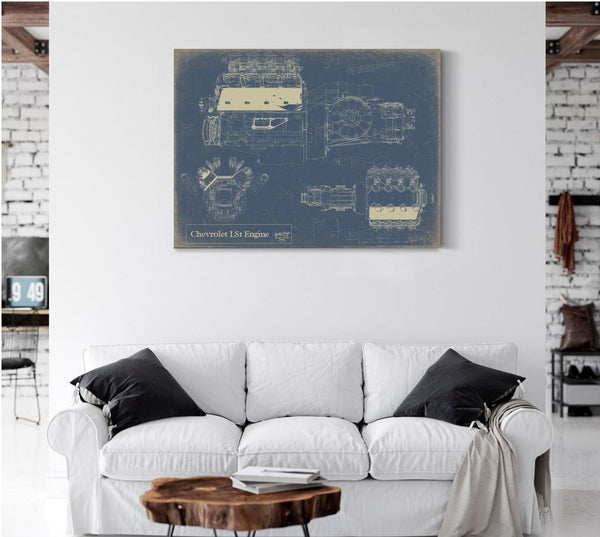 Bella Frye Vintage Chevrolet LS1 Engine Print,  Original Blueprint Canvas